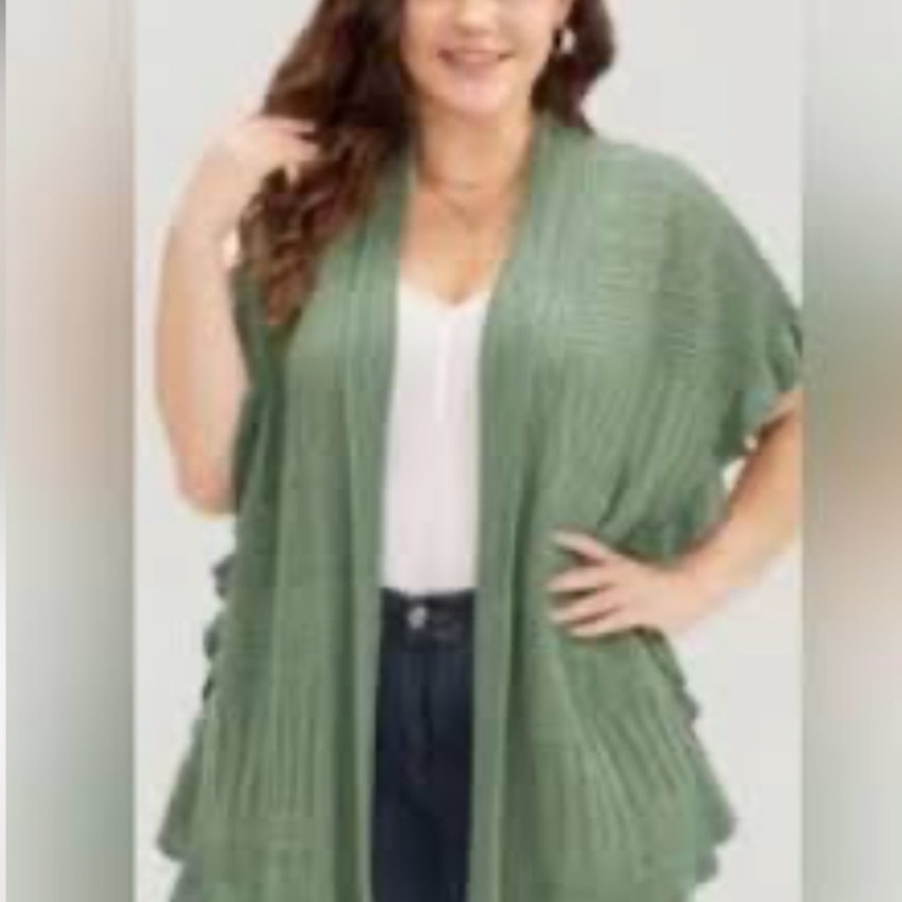 NWT Bloomchic Green Cotton/Rayon Boho Knit Crochet Open Kimono Cardigan (14-16)